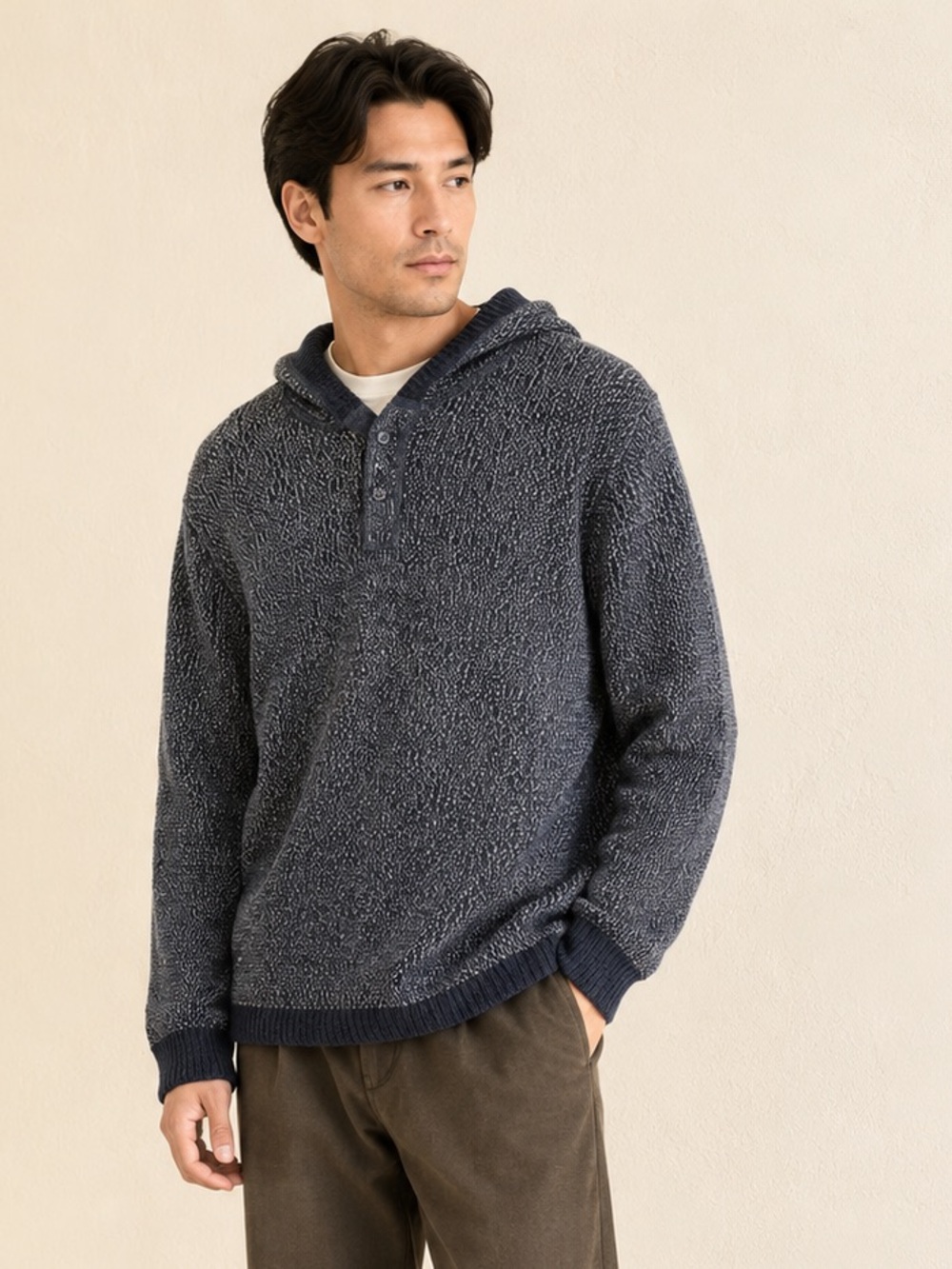 Y2K Lucky Brand Marled Knit Henley Hoodie Cotton Sweater Men XL